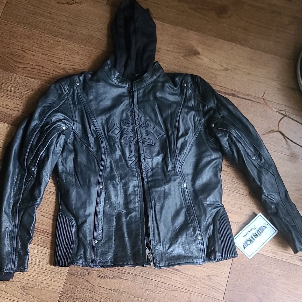 Unik Black Leather Jacket with Hood